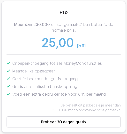 MoneyMonk Pro boekhoudprogramma prijsoverzicht